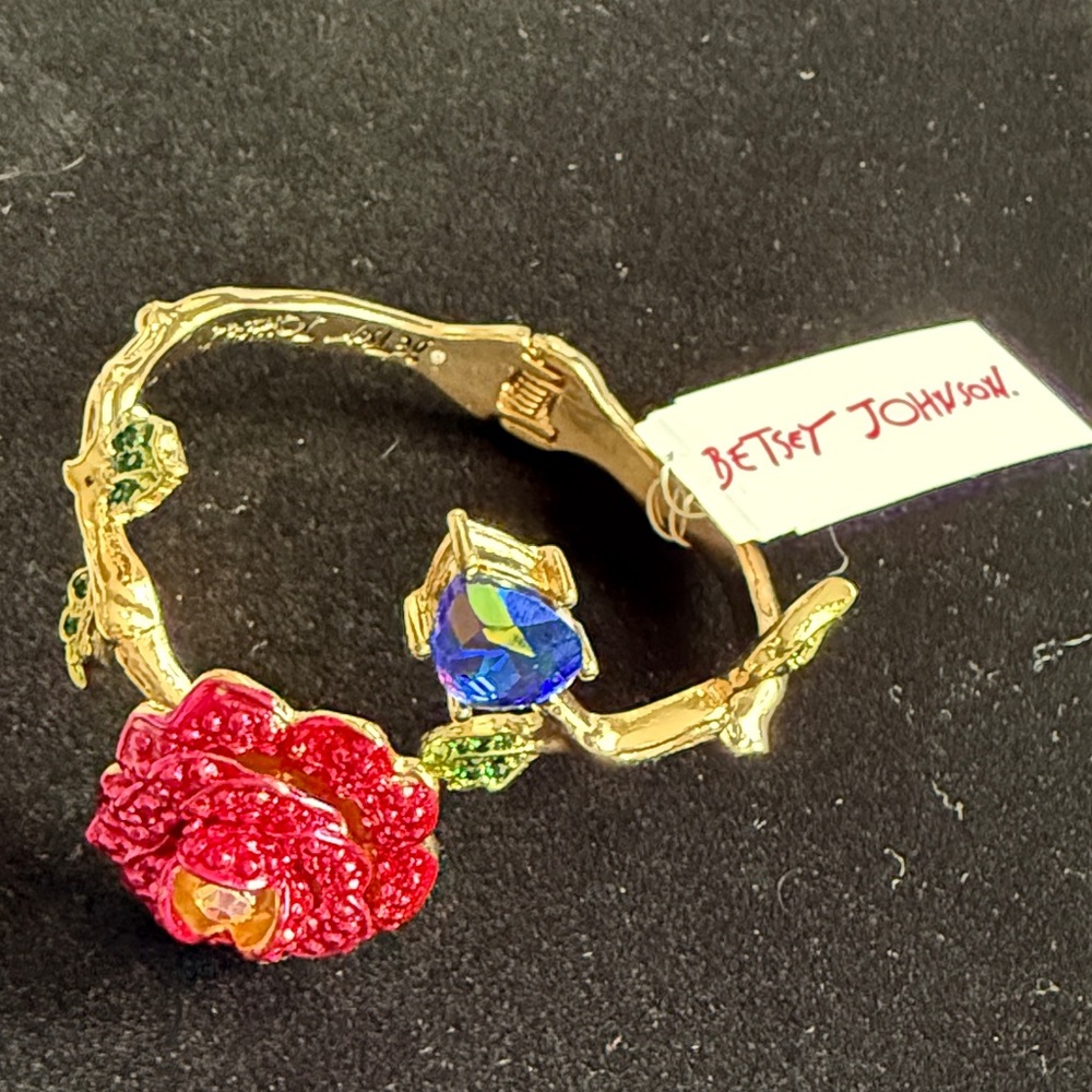 Betsey Johnson Gold Bracelet with Red Rose and Blue Gem